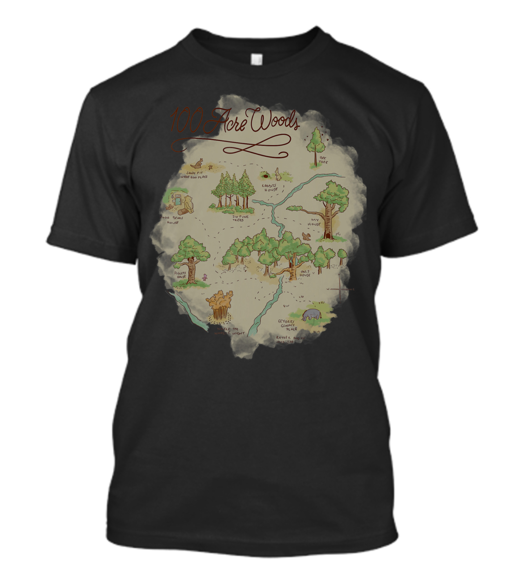Disney Winnie The Pooh 100 Acre Woods Map With Iconic Locations And Characters T-Shirt