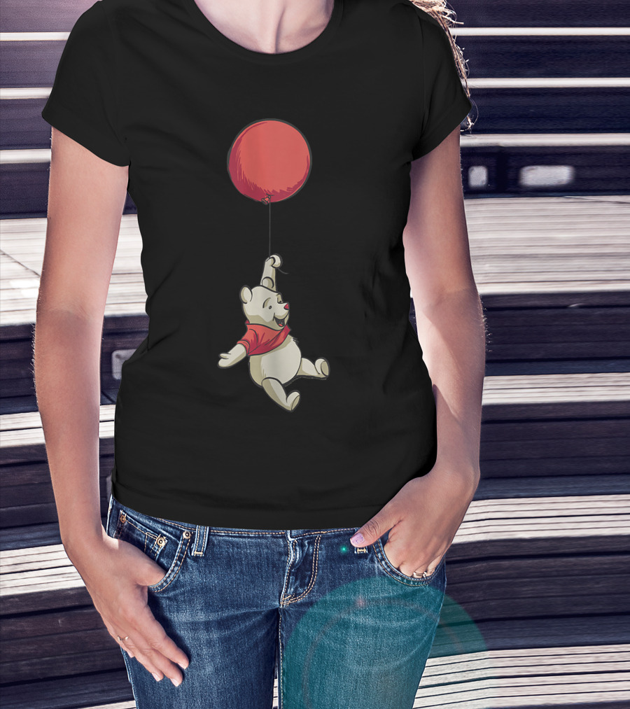 Disney Winnie The Pooh Hanging From Red Balloon Floating Along T-Shirt