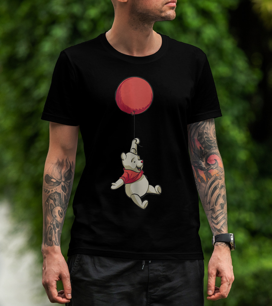 Disney Winnie The Pooh Hanging From Red Balloon Floating Along T-Shirt