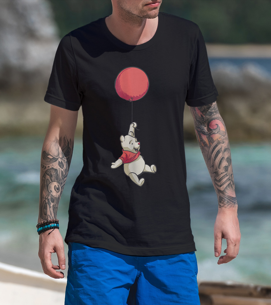 Disney Winnie The Pooh Hanging From Red Balloon Floating Along T-Shirt