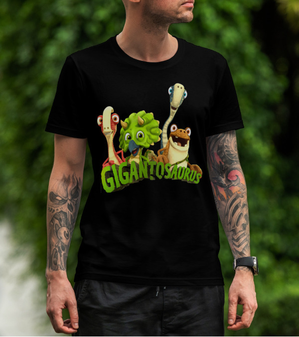 Gigantosaurus With Four Smiling Cartoon Dinosaurs T-Shirt