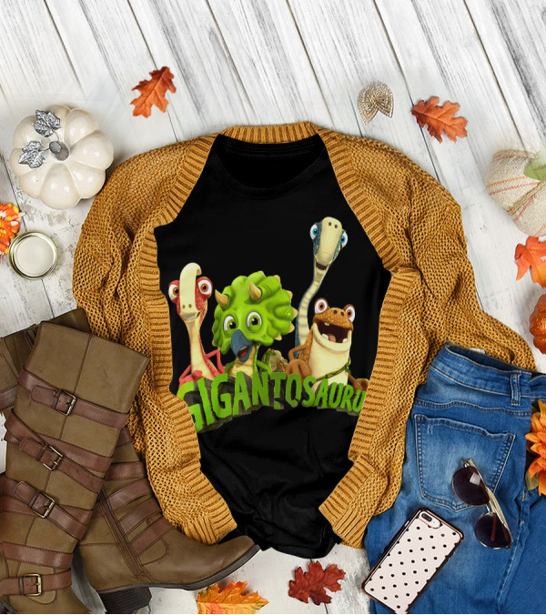 Gigantosaurus With Four Smiling Cartoon Dinosaurs T-Shirt