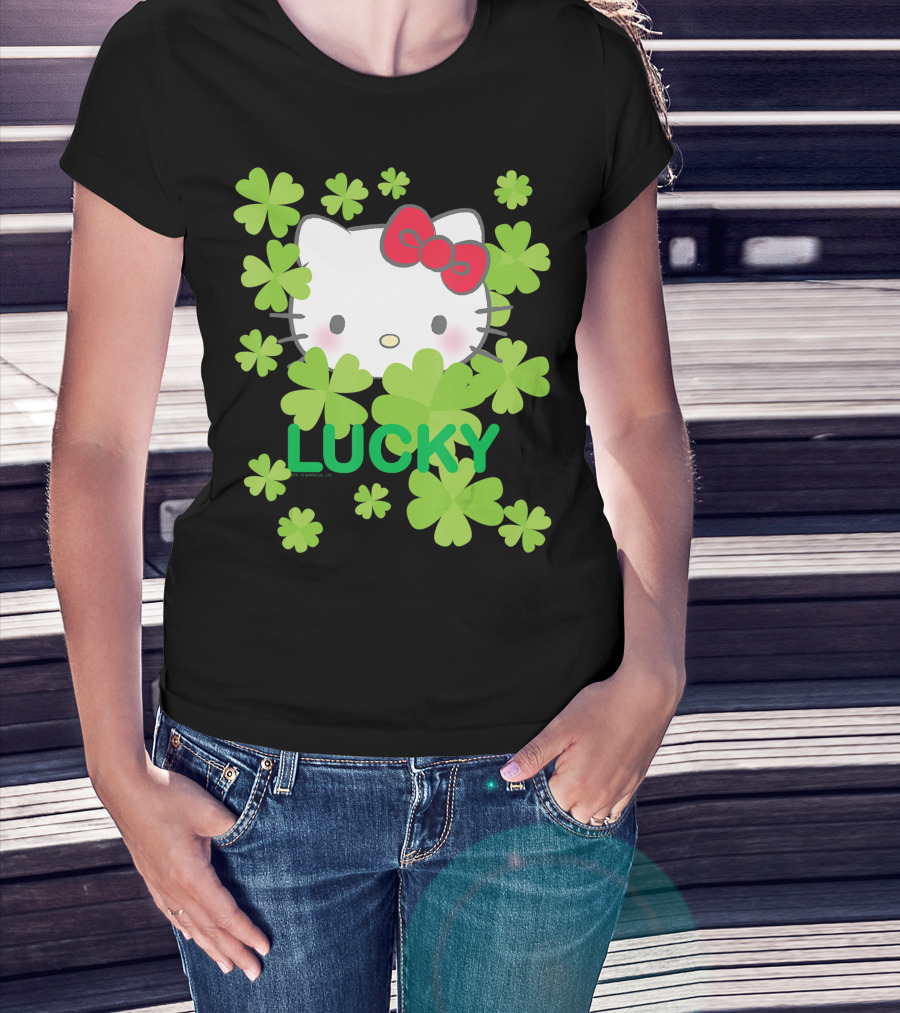 Hello Kitty Lucky Clover Surrounded By Green Clovers And Red Bow T-Shirt