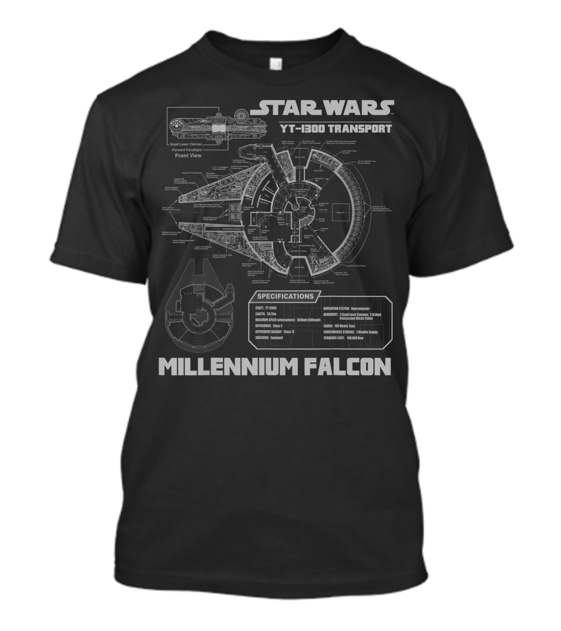 Star Wars YT-1300 Transport Millennium Falcon Specifications Front View T-Shirt