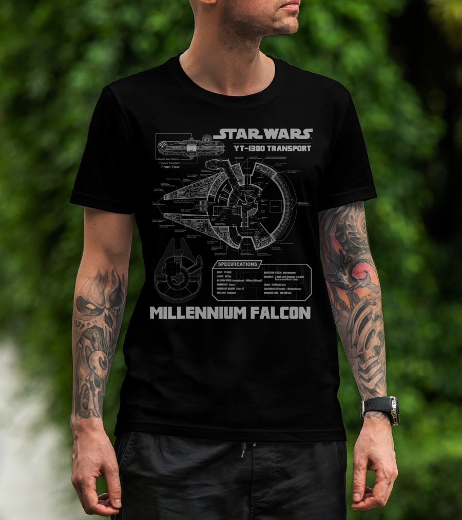 Star Wars YT-1300 Transport Millennium Falcon Specifications Front View T-Shirt