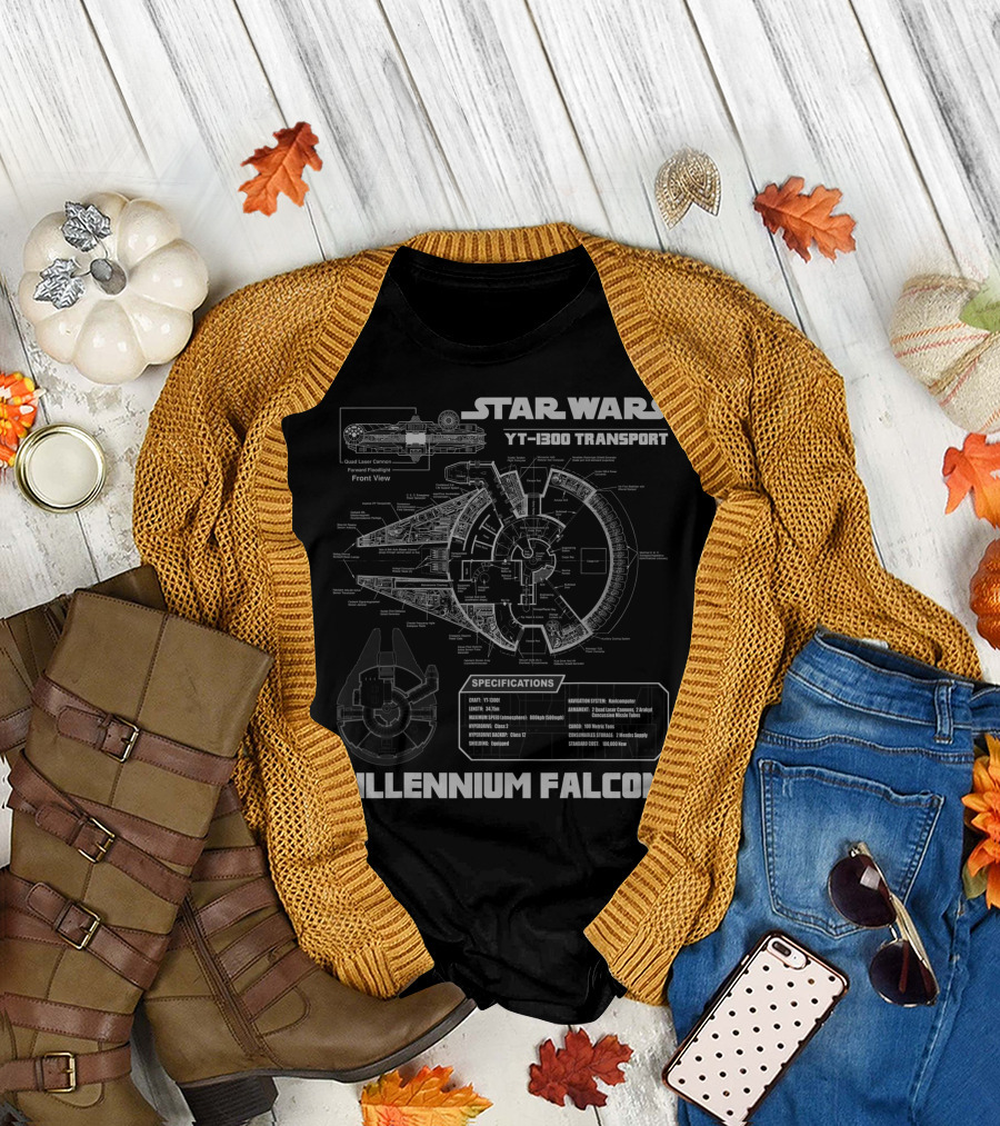 Star Wars YT-1300 Transport Millennium Falcon Specifications Front View T-Shirt
