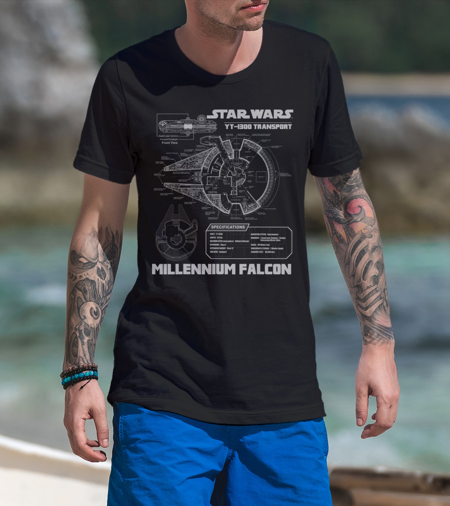 Star Wars YT-1300 Transport Millennium Falcon Specifications Front View T-Shirt