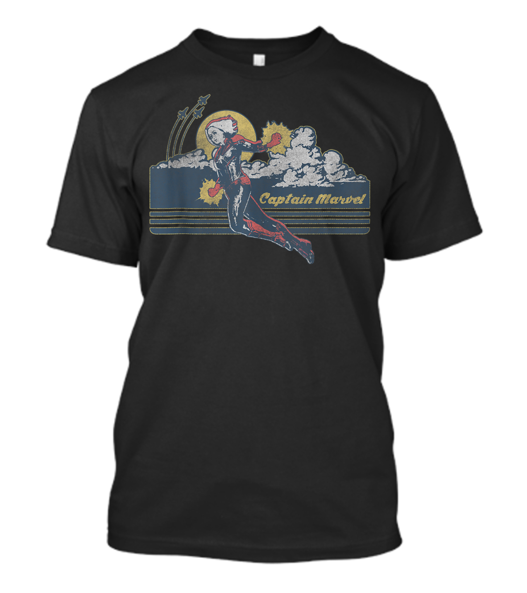 Captain Marvel Flying Through Sunset Sky With Stars And Clouds T-Shirt