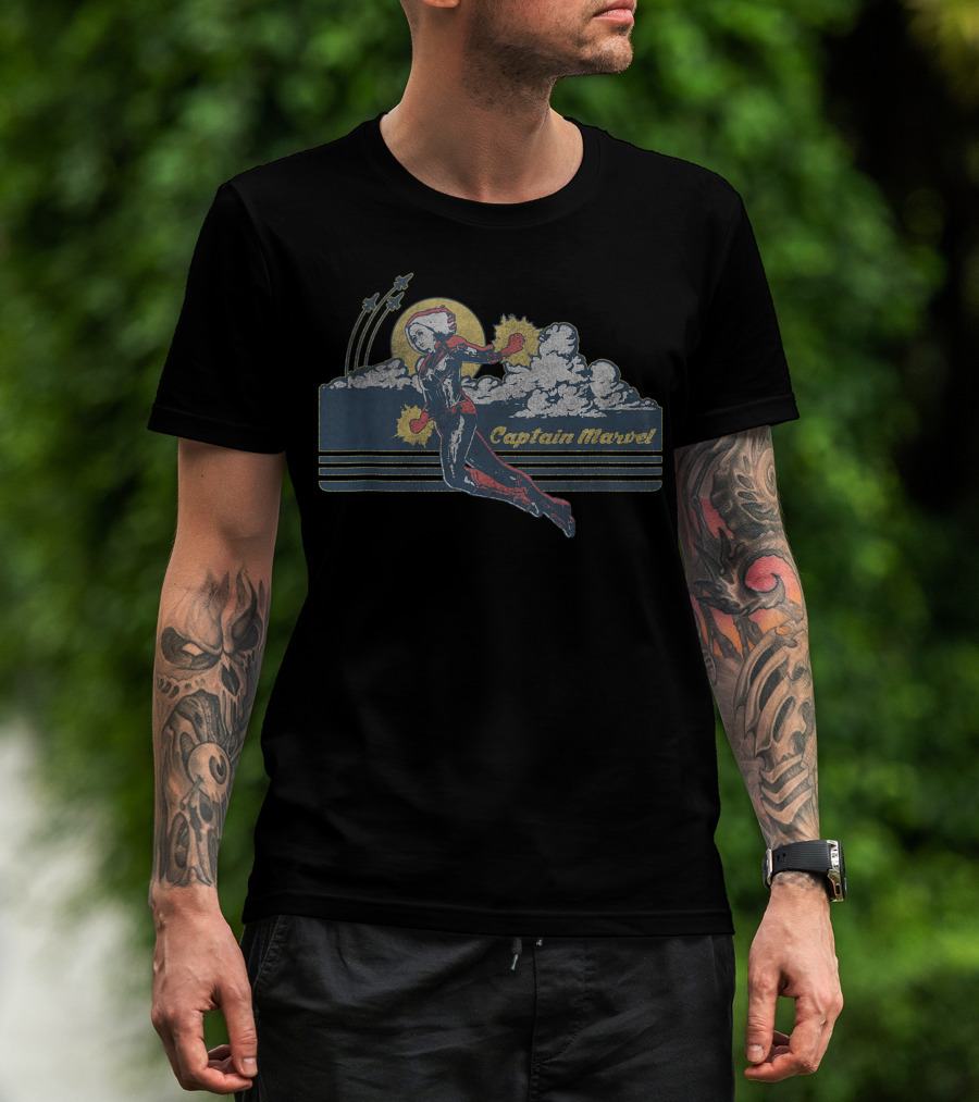 Captain Marvel Flying Through Sunset Sky With Stars And Clouds T-Shirt