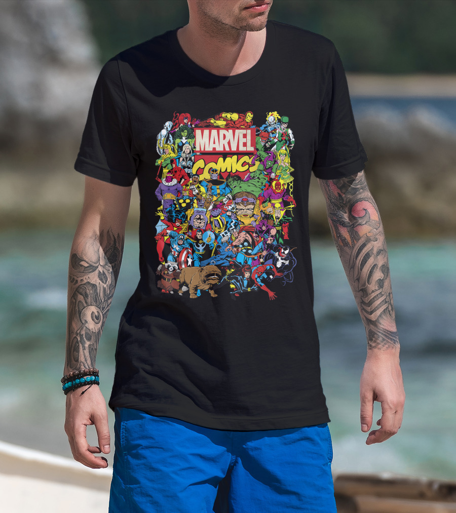 Marvel Comics Heroes Group Shot Featuring Iconic Characters And Villains T-Shirt