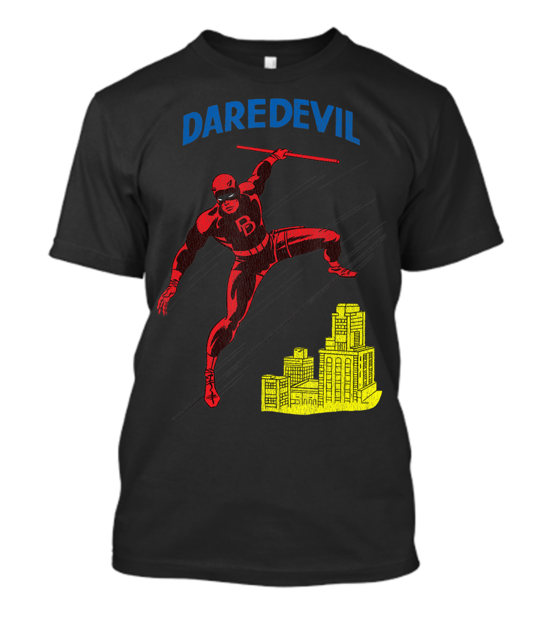 Marvel Daredevil Leaping With Billy Club Over Cityscape T-Shirt