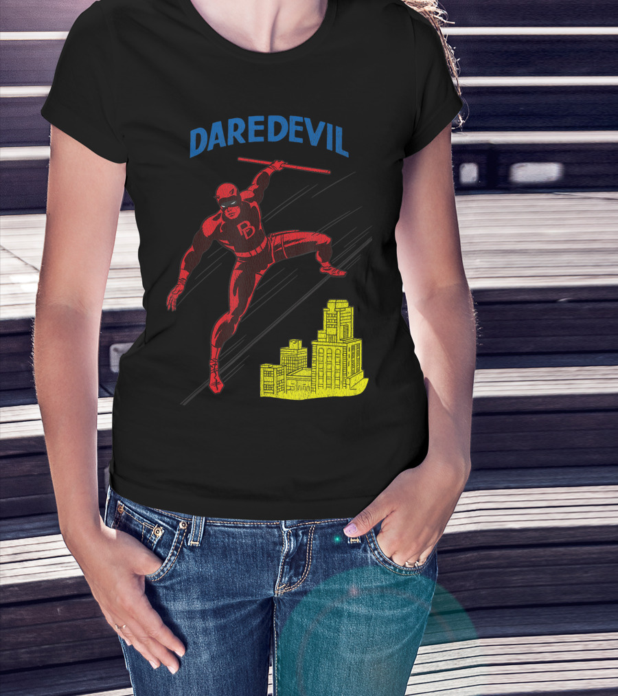 Marvel Daredevil Leaping With Billy Club Over Cityscape T-Shirt