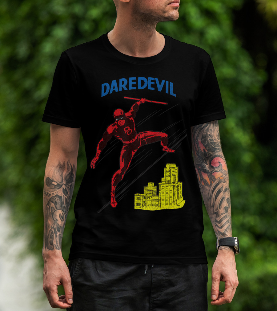 Marvel Daredevil Leaping With Billy Club Over Cityscape T-Shirt