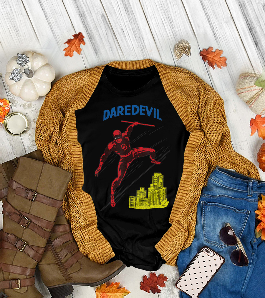 Marvel Daredevil Leaping With Billy Club Over Cityscape T-Shirt