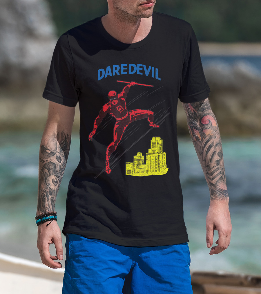 Marvel Daredevil Leaping With Billy Club Over Cityscape T-Shirt