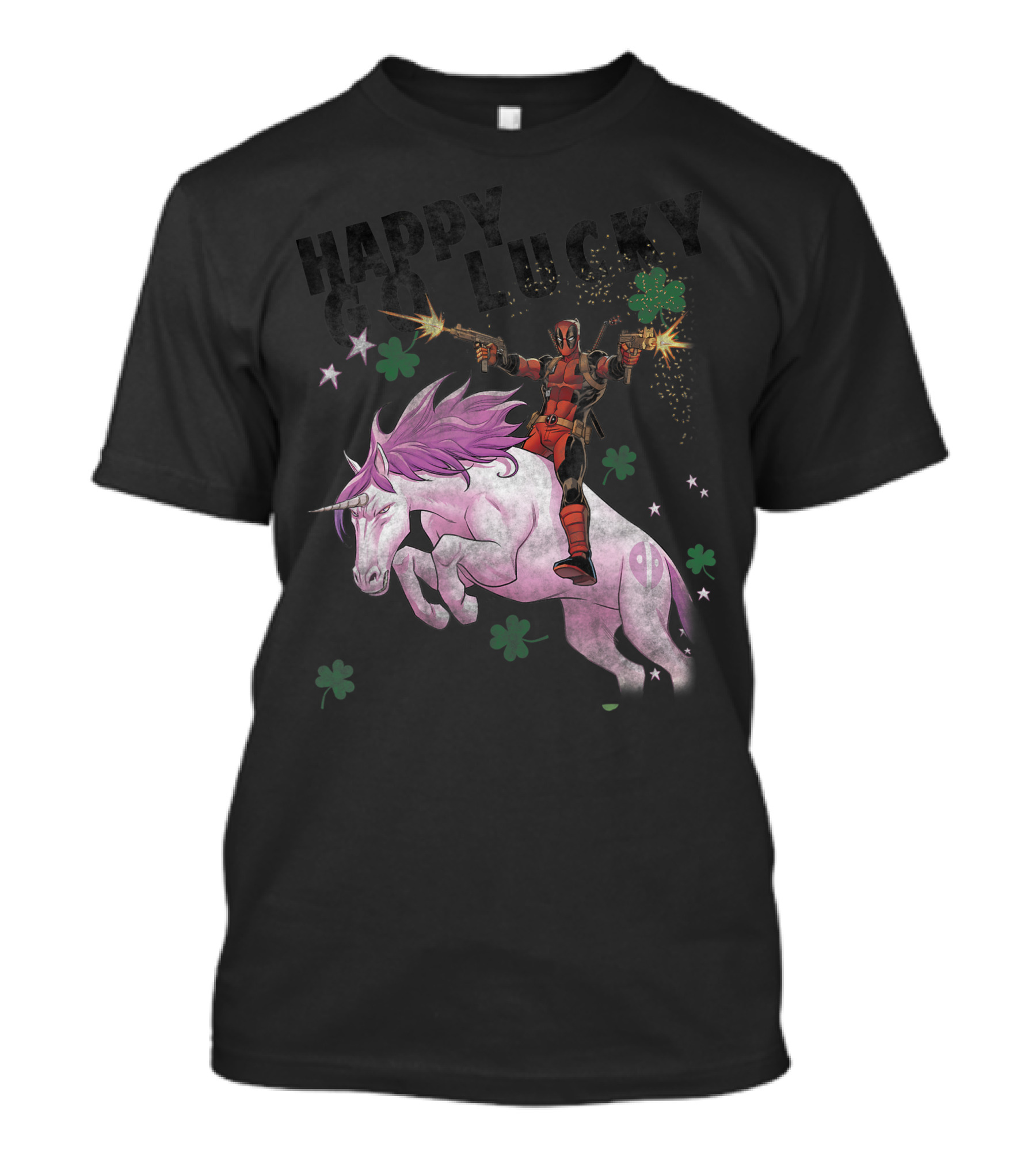 Deadpool Riding Unicorn Happy Go Lucky Clover Marvel T-Shirt