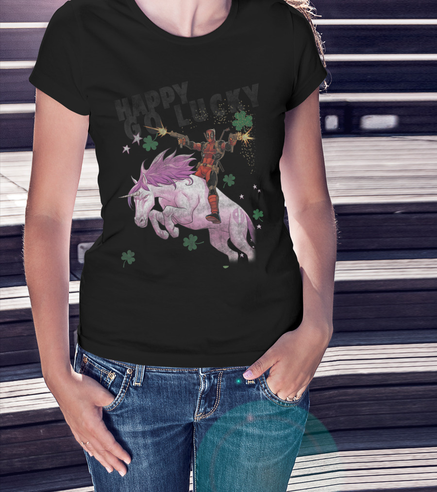 Deadpool Riding Unicorn Happy Go Lucky Clover Marvel T-Shirt