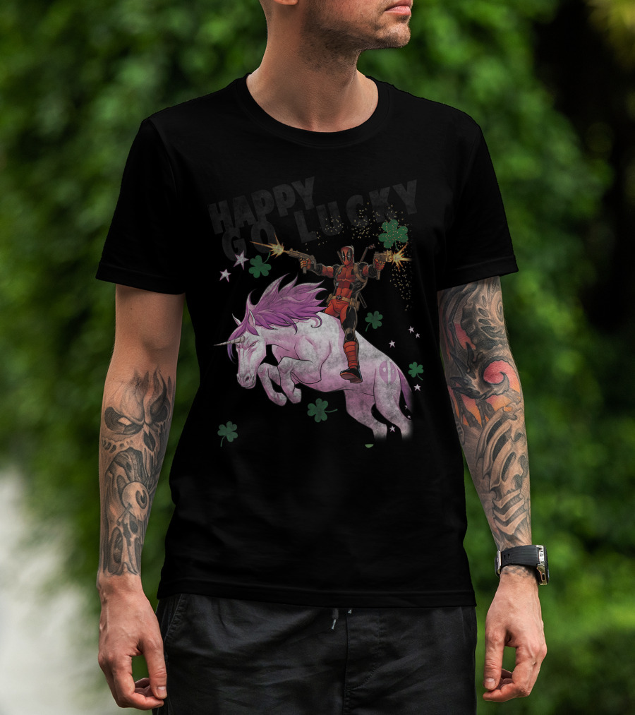 Deadpool Riding Unicorn Happy Go Lucky Clover Marvel T-Shirt
