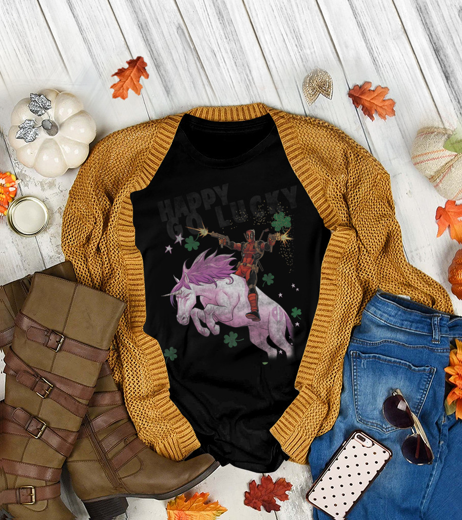 Deadpool Riding Unicorn Happy Go Lucky Clover Marvel T-Shirt