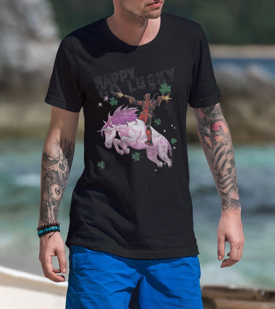 Deadpool Riding Unicorn Happy Go Lucky Clover Marvel T-Shirt
