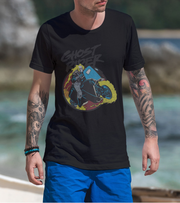 Ghost Rider Marvel Fiery Motorcycle Action T-Shirt