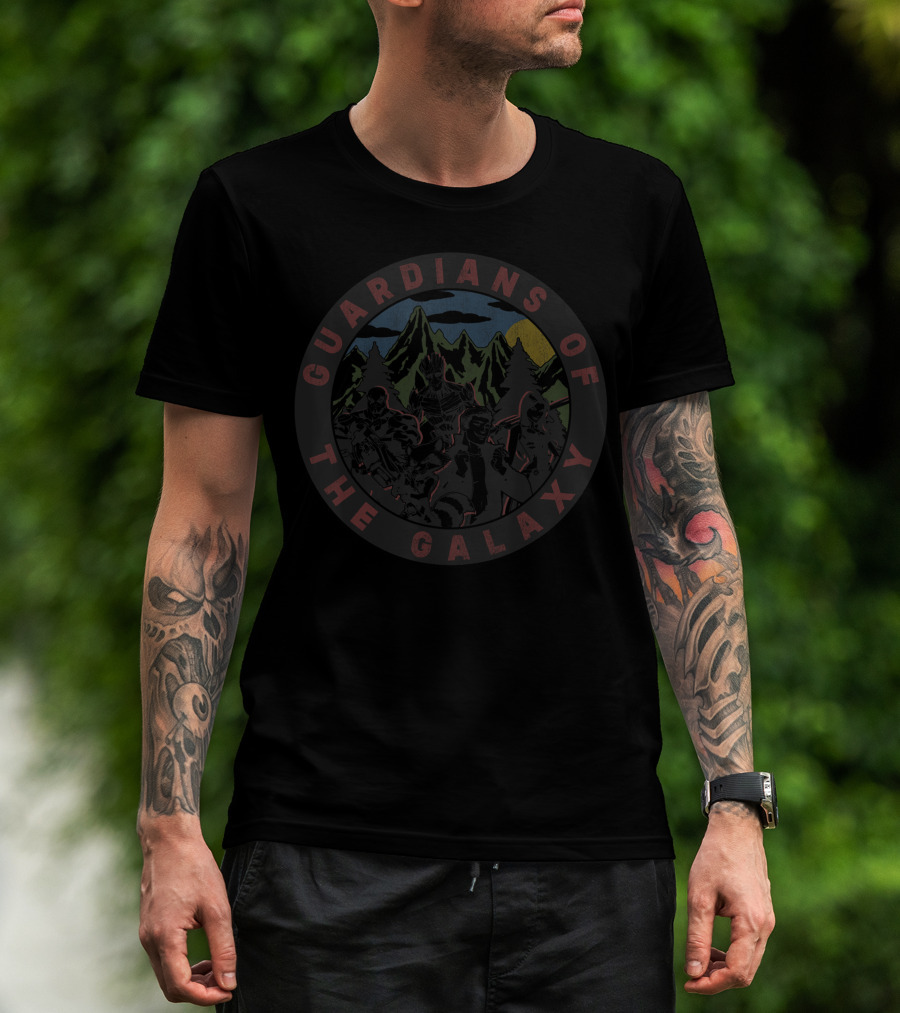 Guardians Of The Galaxy Group Shot Mountains Forest Circle T-Shirt