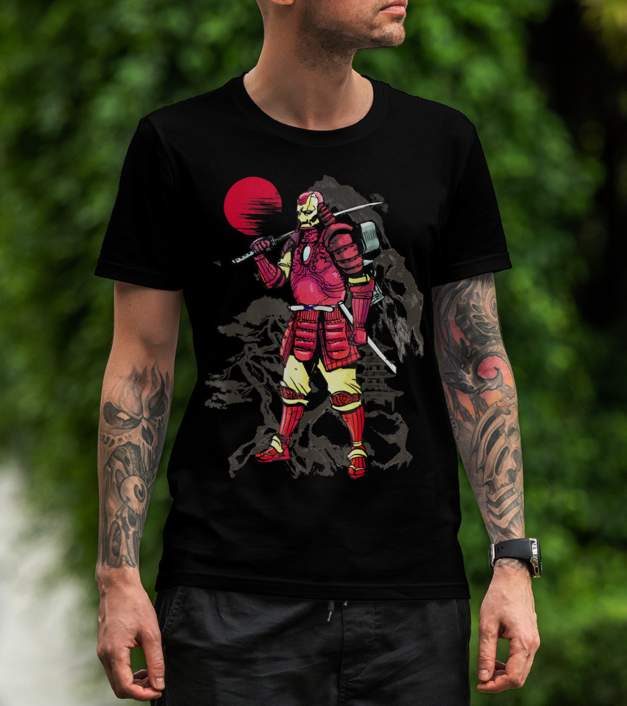 Marvel Iron Man Samurai With Sword In Front Of Mountain And Red Sunset T-Shirt
