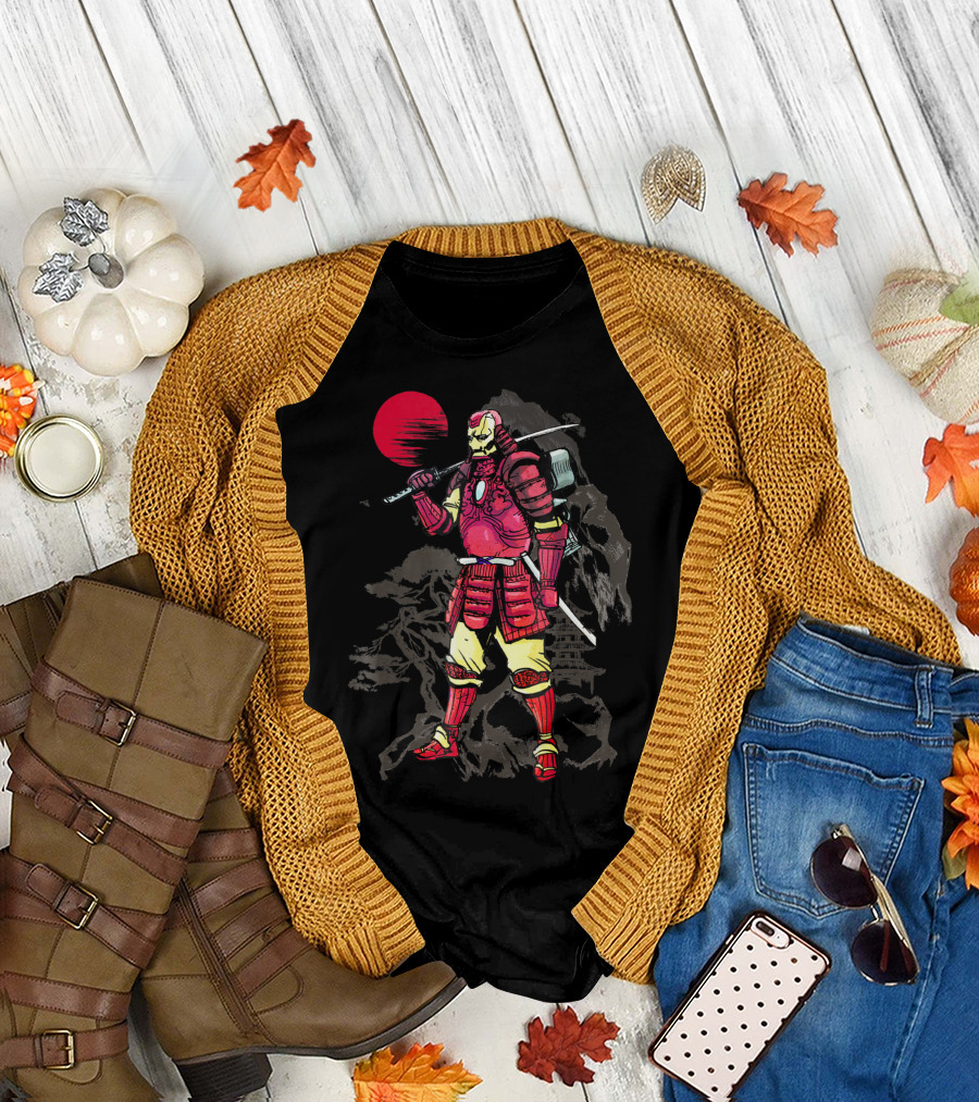 Marvel Iron Man Samurai With Sword In Front Of Mountain And Red Sunset T-Shirt