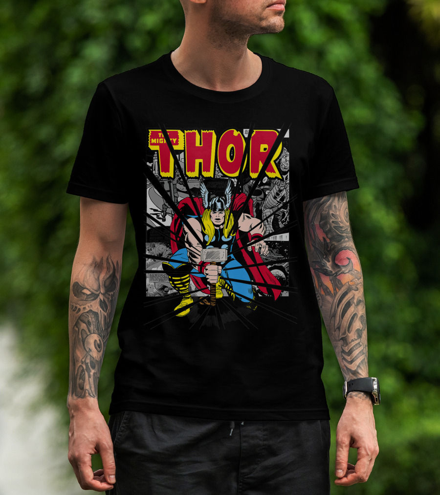 The Mighty Thor Hammer Blast Classic Comic Style Marvel T-Shirt