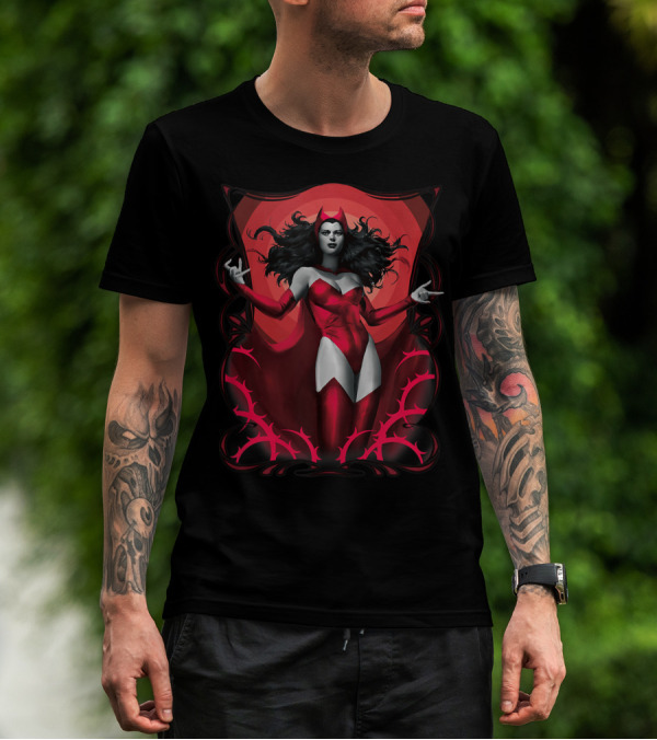 Marvel Scarlet Witch Dark Framed Red Cape Art Deco T-Shirt