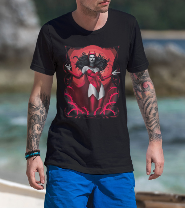 Marvel Scarlet Witch Dark Framed Red Cape Art Deco T-Shirt