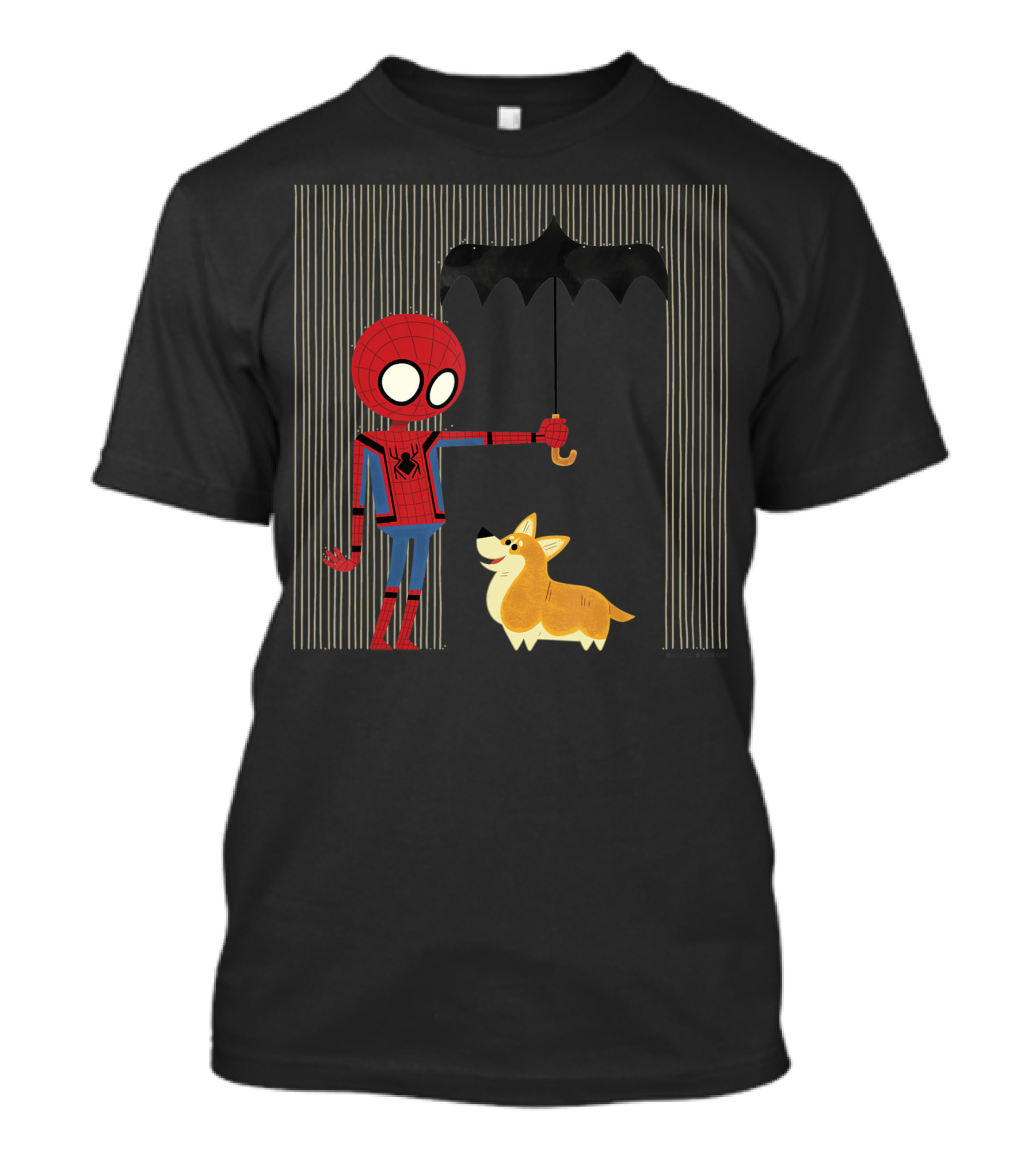 Marvel Spider Man Far From Home Holding Umbrella Over Corgi In The Rain T-Shirt