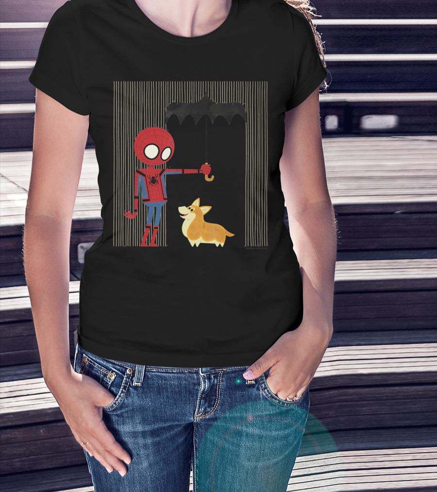 Marvel Spider Man Far From Home Holding Umbrella Over Corgi In The Rain T-Shirt