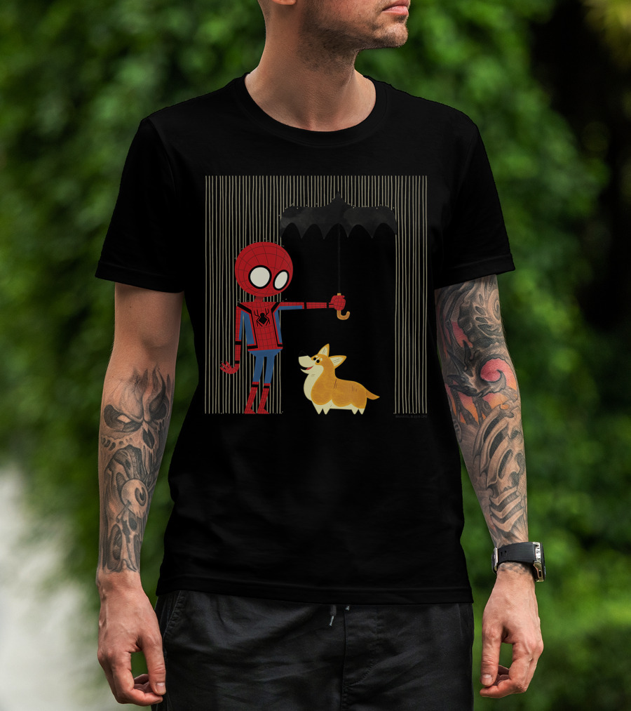 Marvel Spider Man Far From Home Holding Umbrella Over Corgi In The Rain T-Shirt
