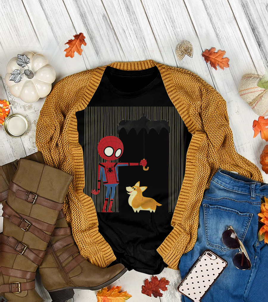 Marvel Spider Man Far From Home Holding Umbrella Over Corgi In The Rain T-Shirt