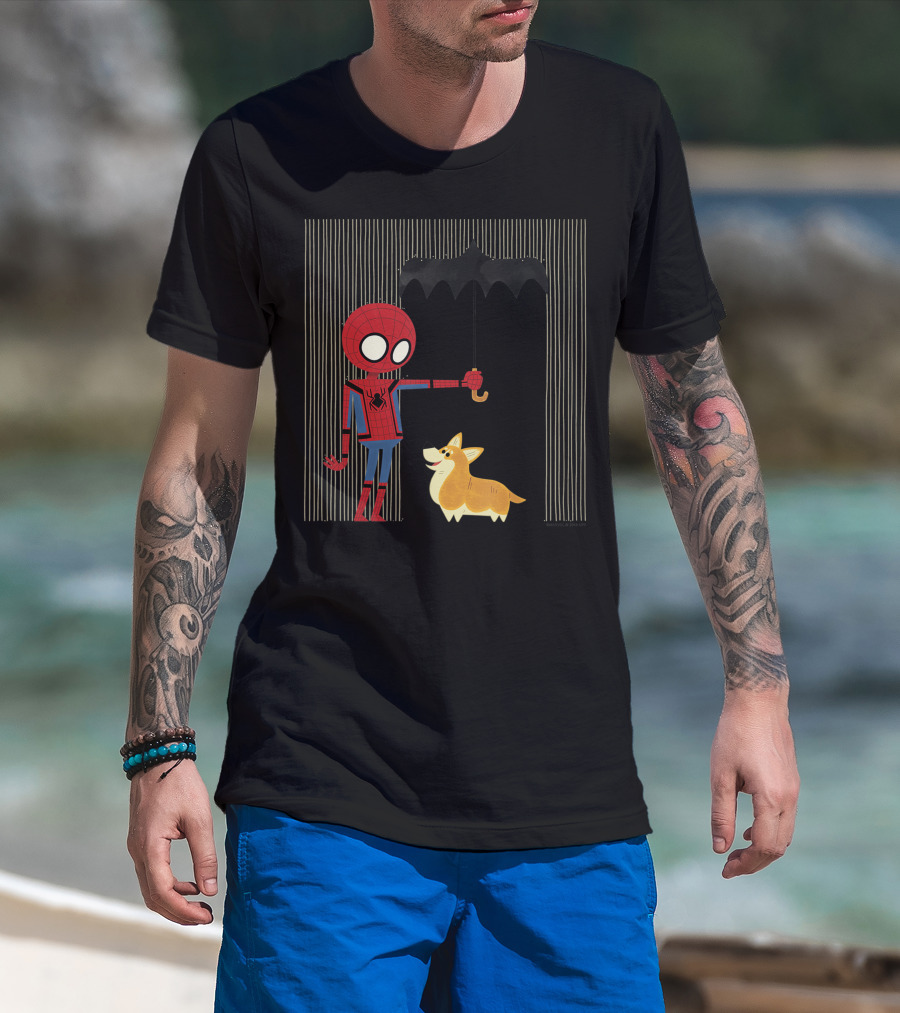Marvel Spider Man Far From Home Holding Umbrella Over Corgi In The Rain T-Shirt