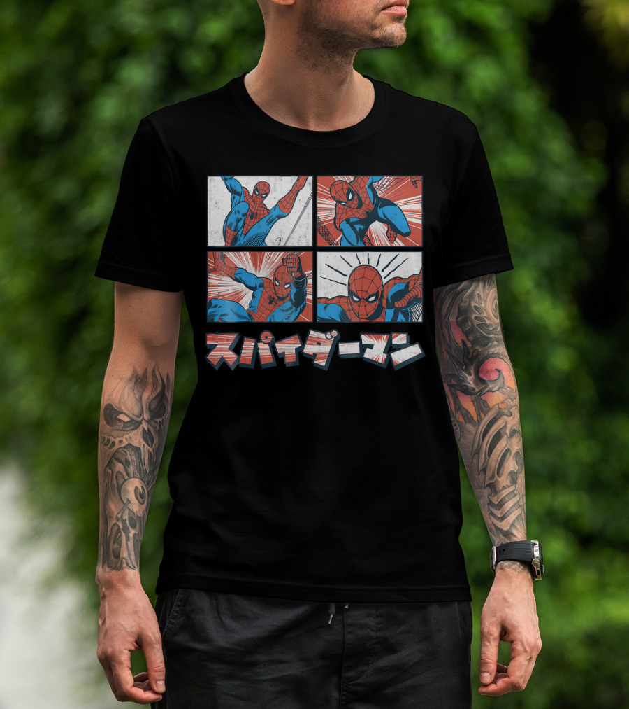 Marvel Spider Man Kanji Comic Action Panels T-Shirt