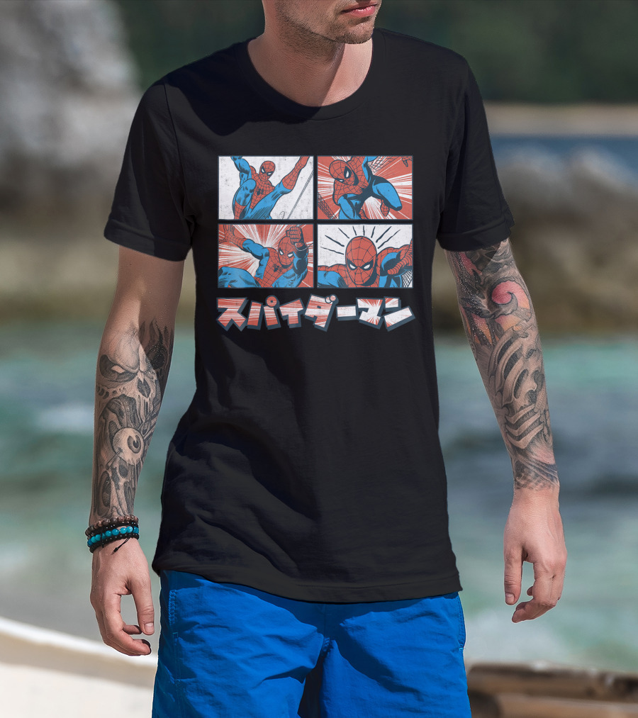 Marvel Spider Man Kanji Comic Action Panels T-Shirt