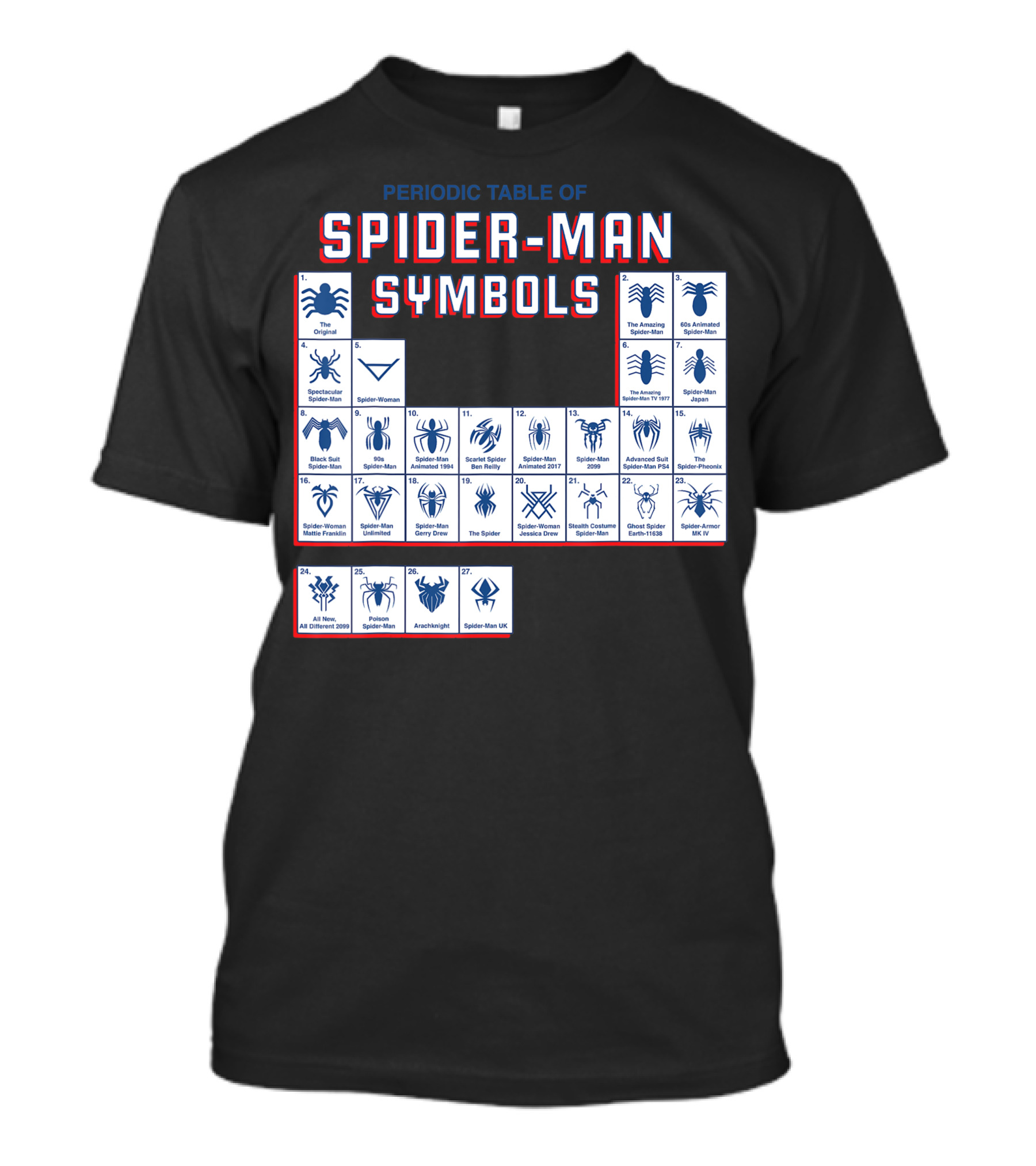 Periodic Table Of Spider-Man Symbols Featuring Original Scarlet And Iron Variants T-Shirt