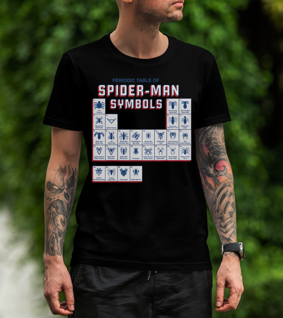 Periodic Table Of Spider-Man Symbols Featuring Original Scarlet And Iron Variants T-Shirt