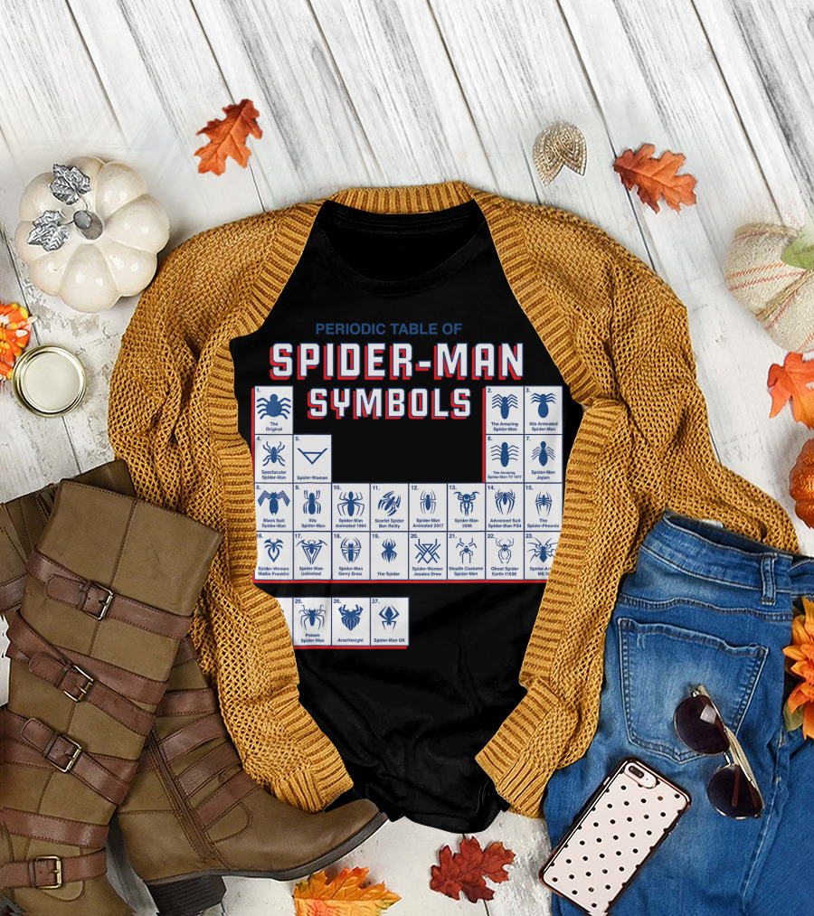 Periodic Table Of Spider-Man Symbols Featuring Original Scarlet And Iron Variants T-Shirt