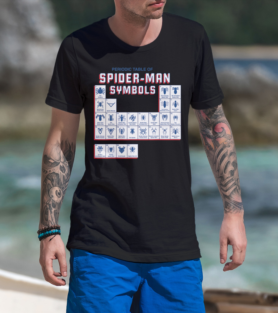 Periodic Table Of Spider-Man Symbols Featuring Original Scarlet And Iron Variants T-Shirt