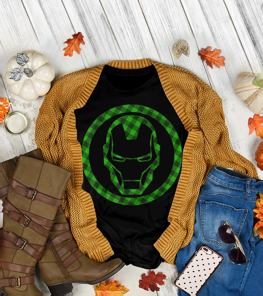 Marvel St Patricks Day Iron Man Green Plaid T-Shirt