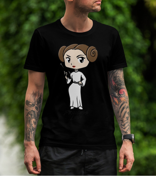 Star Wars Princess Leia Cute Cartoon Character With Blaster And Brown Hair Buns T-Shirt