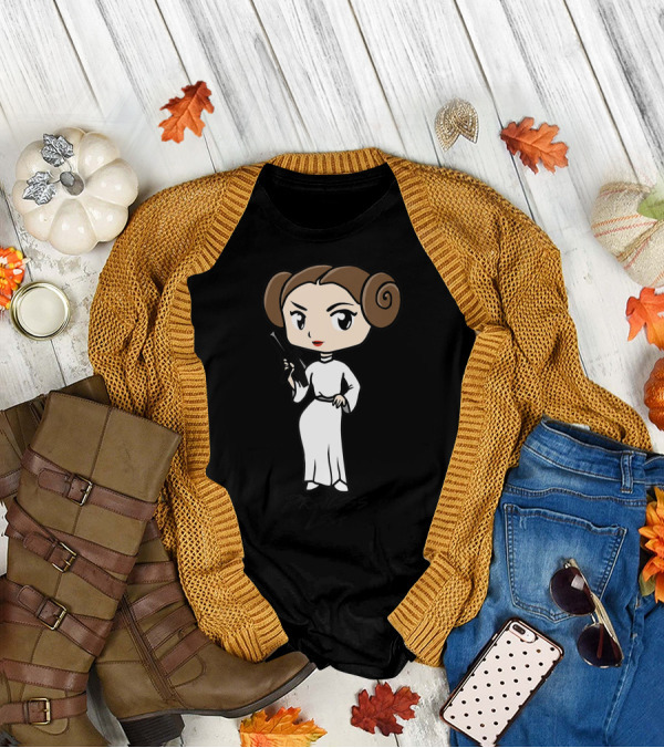 Star Wars Princess Leia Cute Cartoon Character With Blaster And Brown Hair Buns T-Shirt