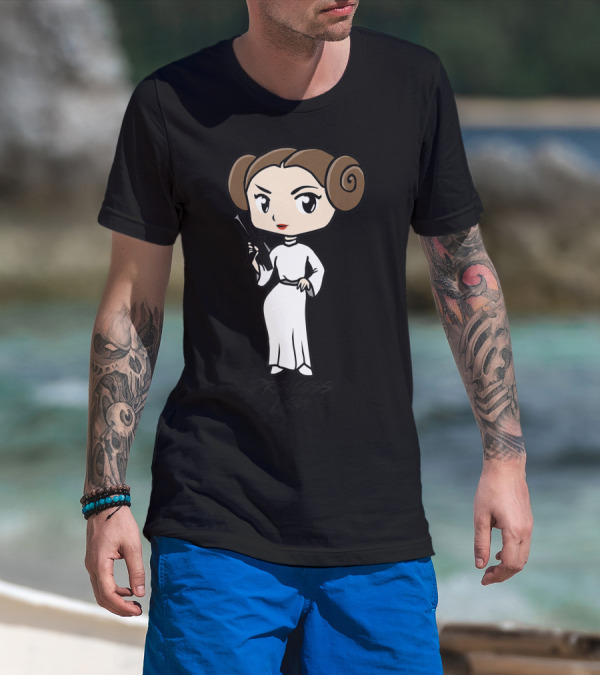 Star Wars Princess Leia Cute Cartoon Character With Blaster And Brown Hair Buns T-Shirt