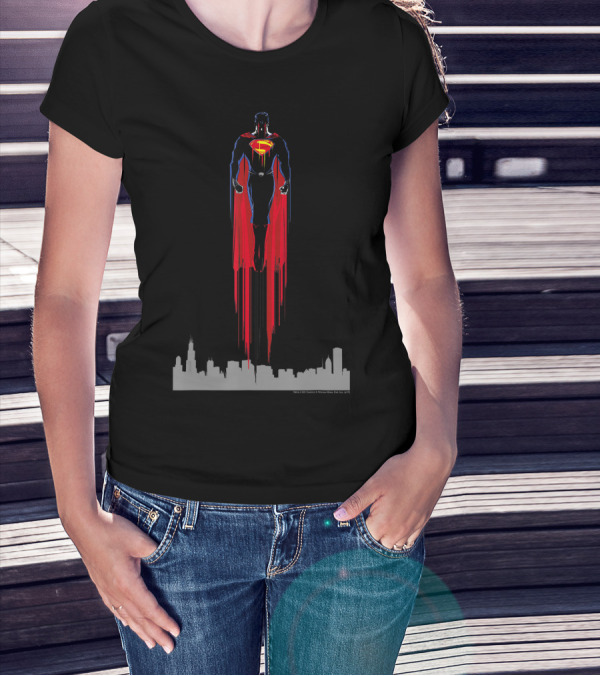 Superman Man Of Steel Red Streak Above Cityscape T-Shirt