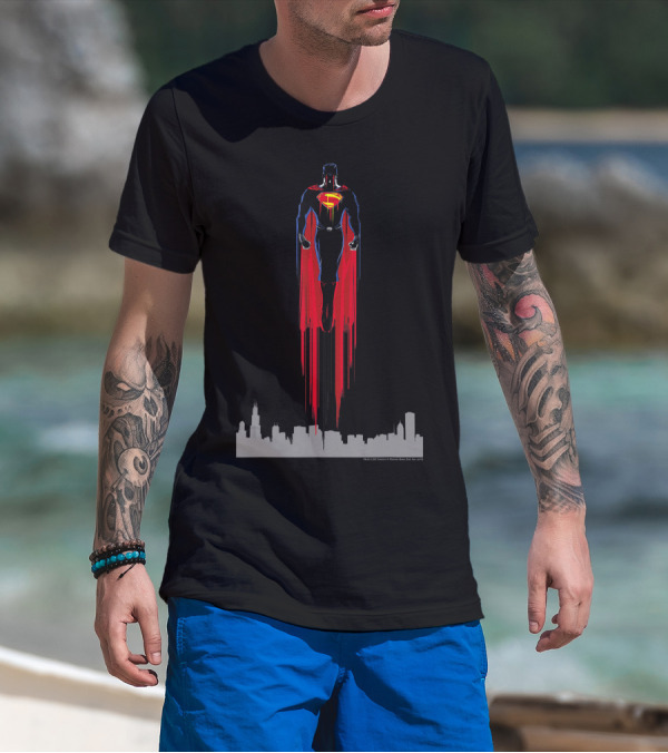 Superman Man Of Steel Red Streak Above Cityscape T-Shirt
