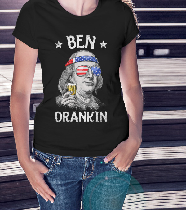 Ben Drankin 4th Of July Benjamin Franklin With American Flag Headband And Sunglasses T-Shirt