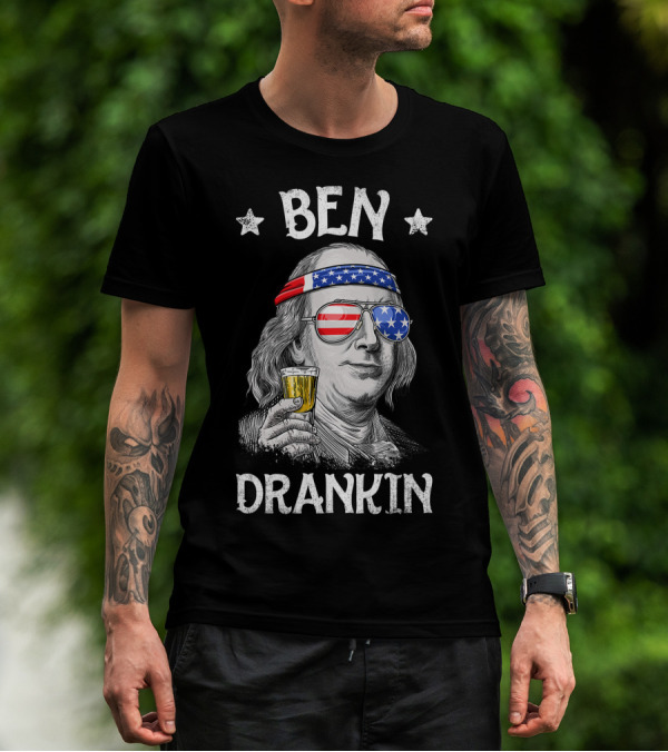Ben Drankin 4th Of July Benjamin Franklin With American Flag Headband And Sunglasses T-Shirt